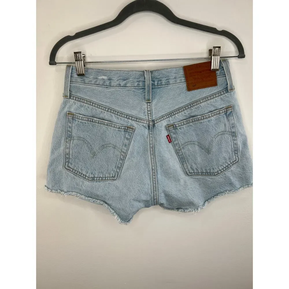 Levi's Premium Blue Light Wash Button Fly Cut Off Distressed Denim Shorts Sz 26